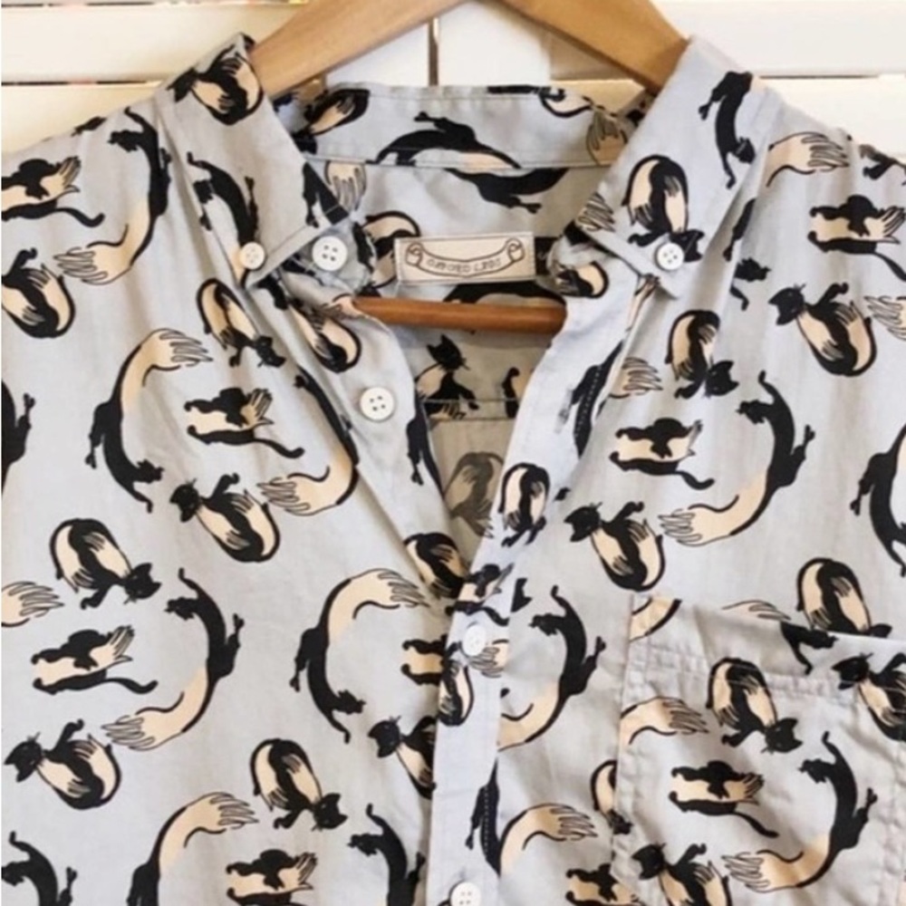 OXFORD LADS Cat Print Button-Up Blouse, Size S, Gray/Black/Beige
